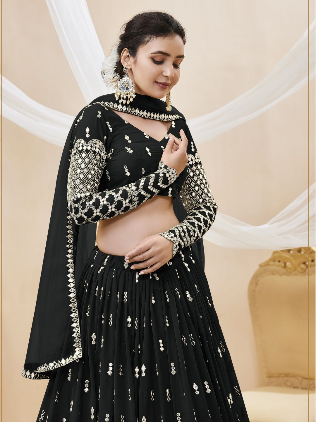 Embroidered Georgette Lehenga in Black