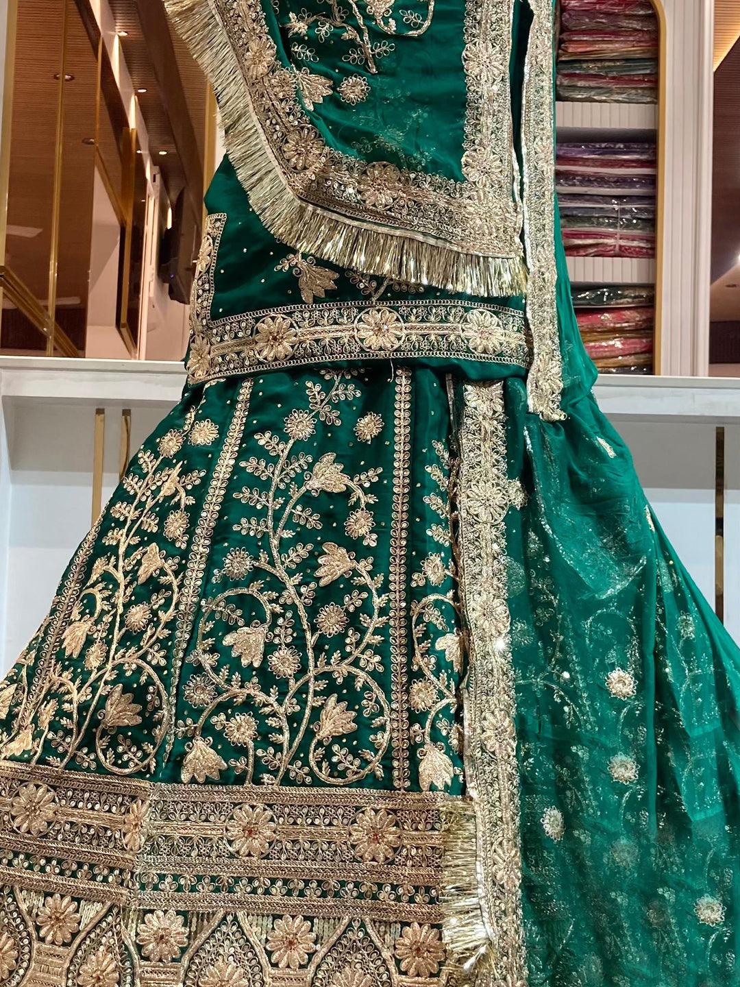 Bamber Satin Wedding Party Wear Traditional Rajputi Poshak with Zari work In Green color-91097