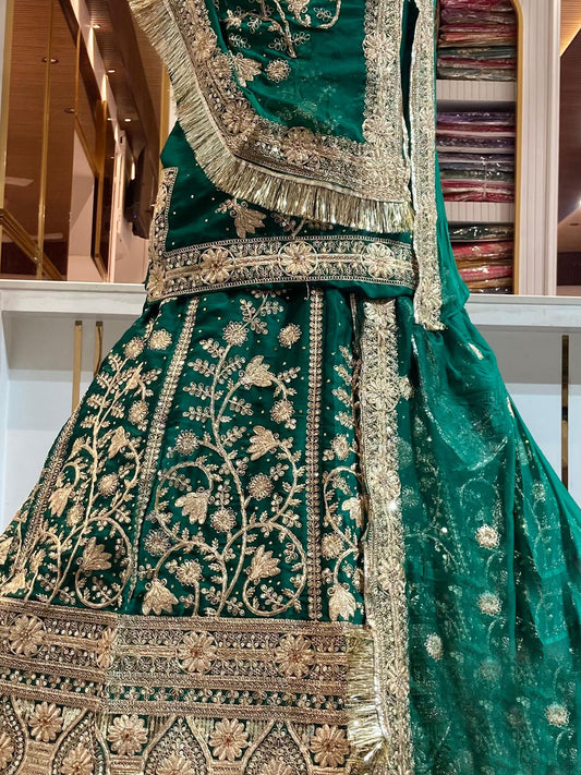Bamber Satin Wedding Party Wear Traditional Rajputi Poshak with Zari work In Green color-91097