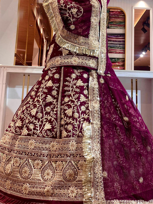 Bamber Satin Wedding Party Wear Traditional Rajputi Poshak with Zari work In Purple color-91098