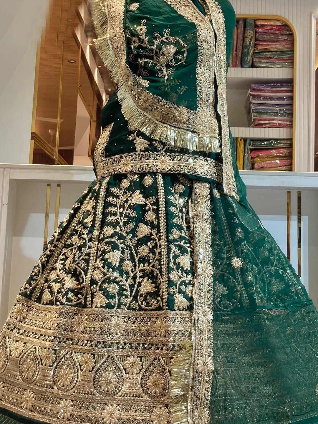 Bamber Satin Wedding Party Wear Traditional Rajputi Poshak with Zari work In Green color-91097