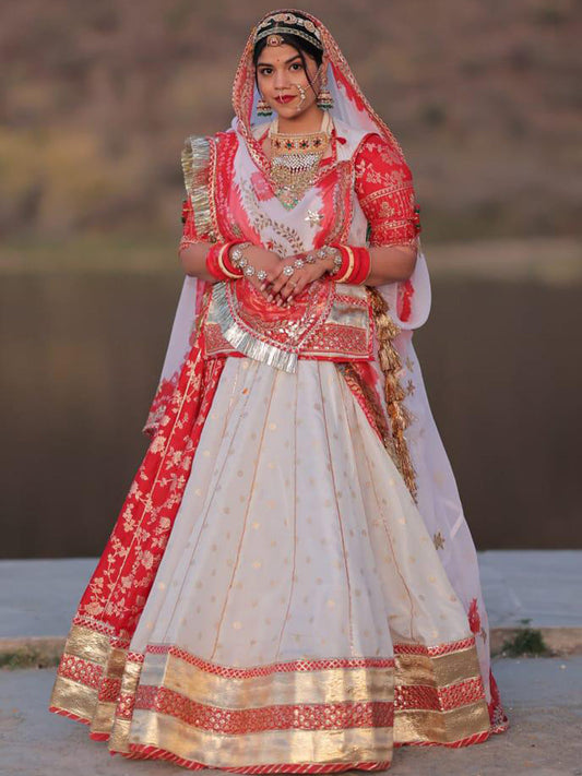 Banarsi Zacuard 7 Miter full Gher Double color Wedding Sangeet Premium quality Rajputi Poshak in Red and White-91127