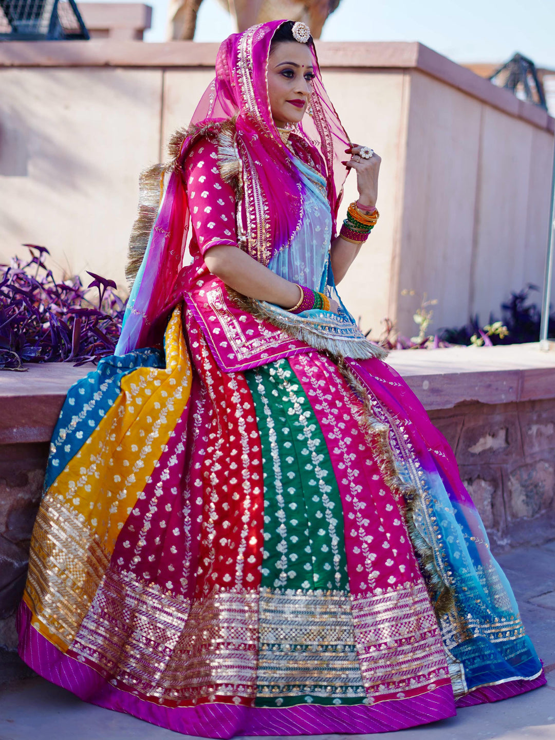 Banarasi 16 Kali Full Gher Wedding Sangeet Semi-Stitched Malitcolored Rajputi Poshak-91177