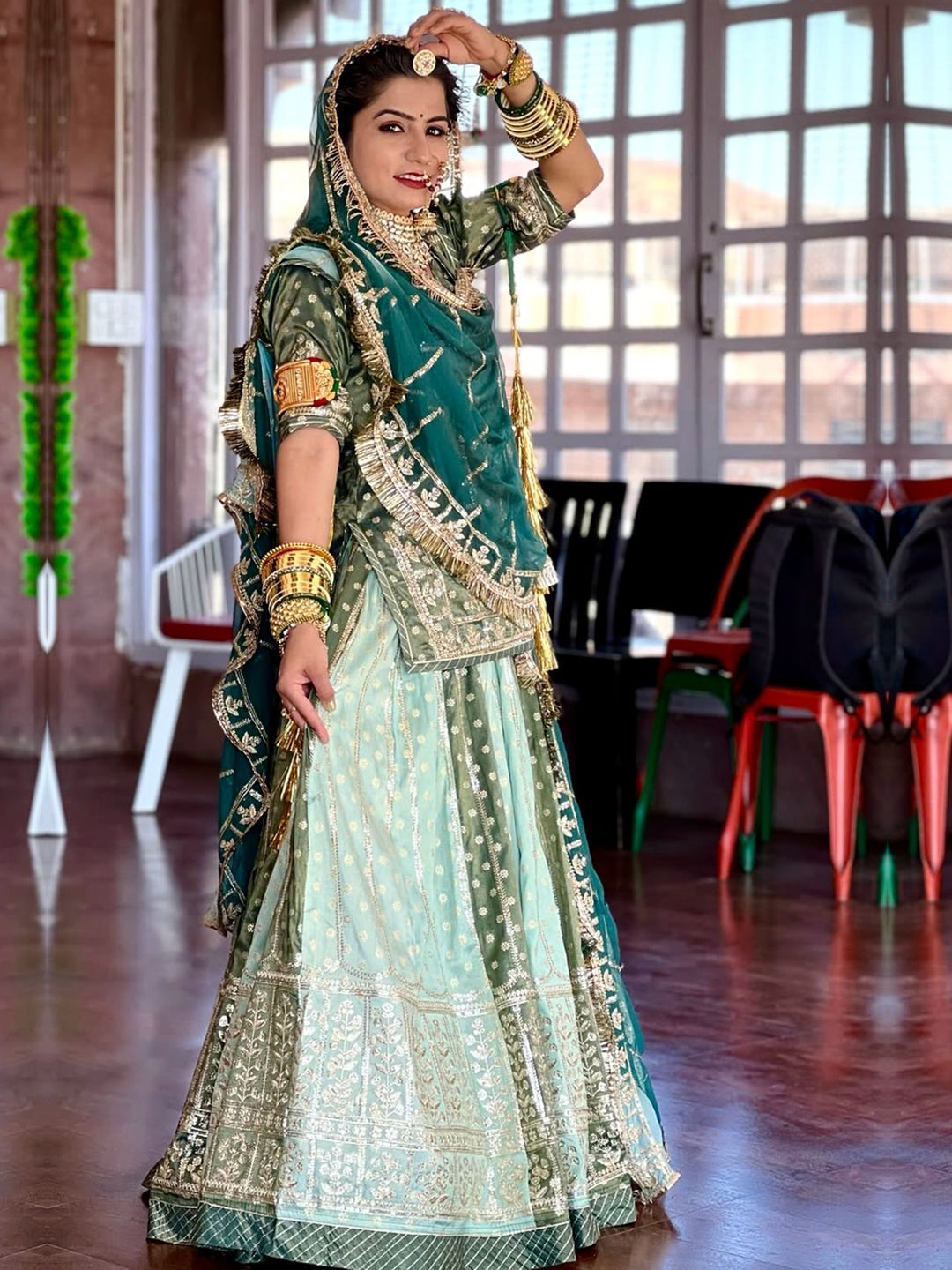 Banarasi 32 Kali Brighter Double color Premium quality Rajputi Poshak-91213