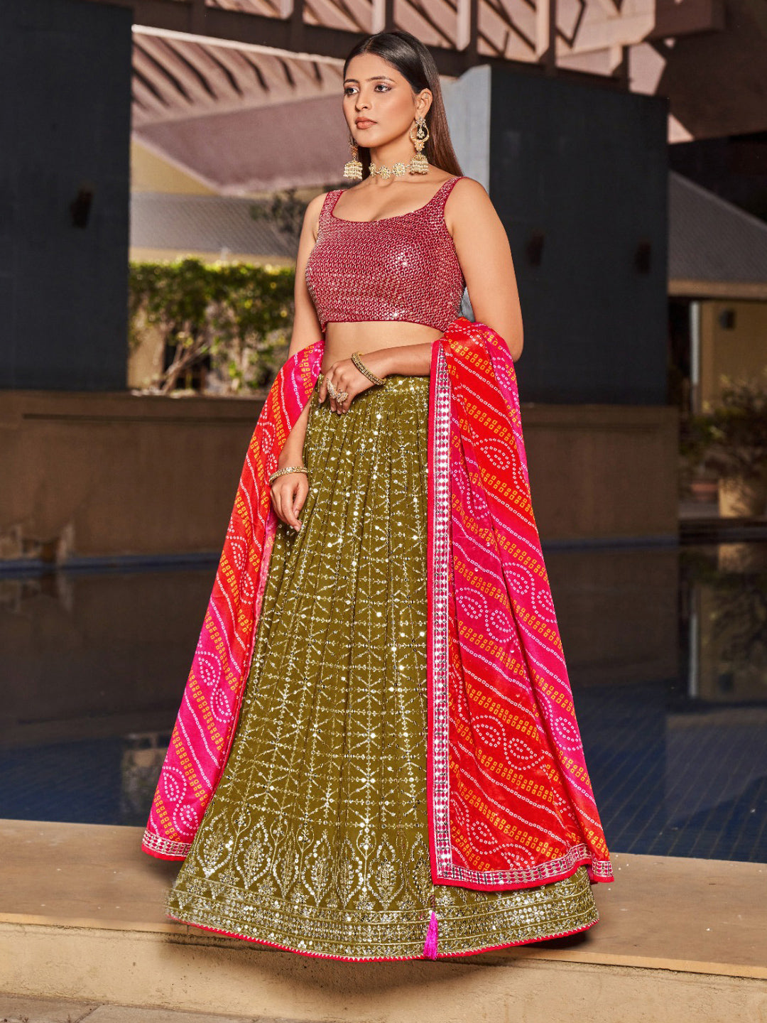 Georgette Traditional Reception Semi-Stitched Lehenga Choli In Green color-40986