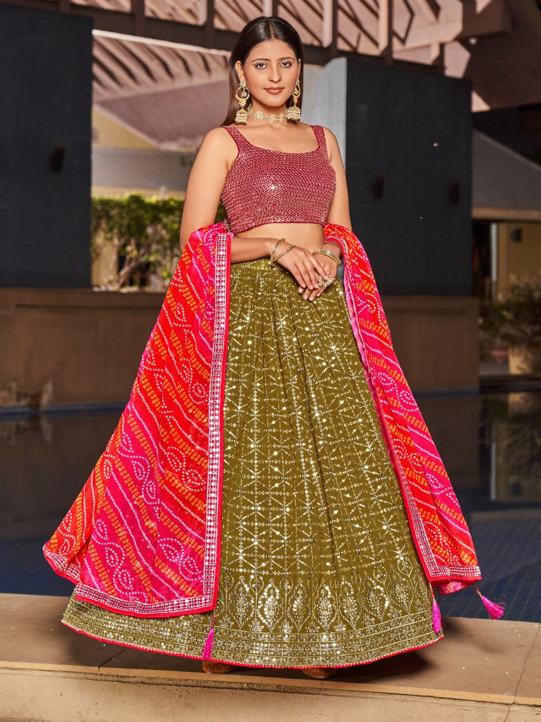 Georgette Traditional Reception Semi-Stitched Lehenga Choli In Green color-40986