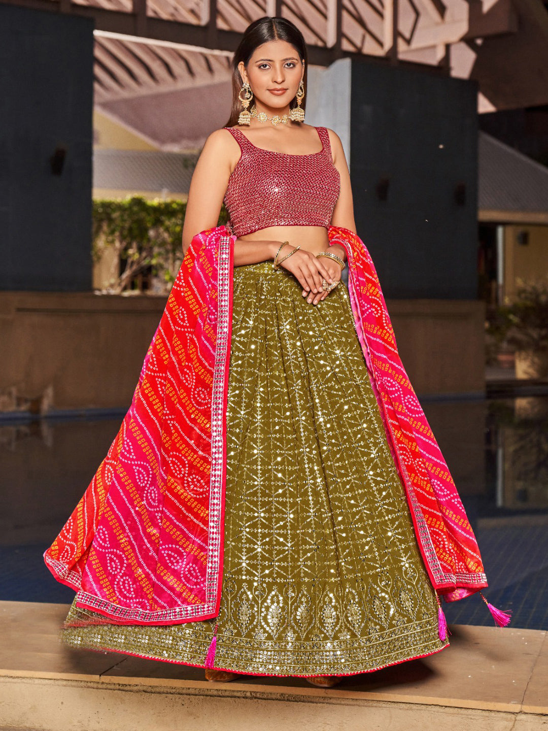 Georgette Traditional Reception Semi-Stitched Lehenga Choli In Green color-40986