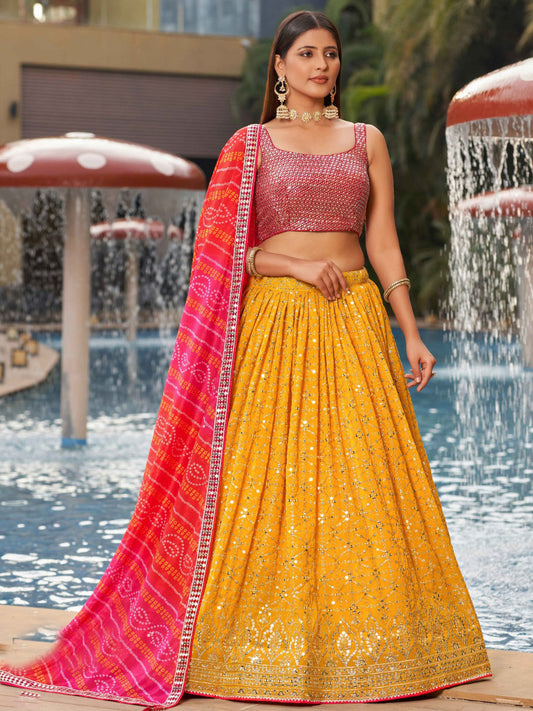 Georgette Traditional Reception Semi-Stitched Lehenga Choli In Yellow color-40990