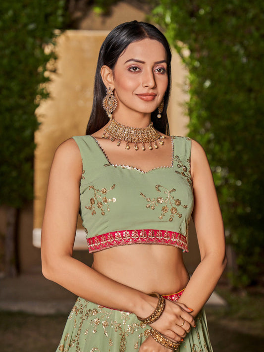 Georgette Traditional Reception Semi-Stitched Lehenga Choli In Green color-40989