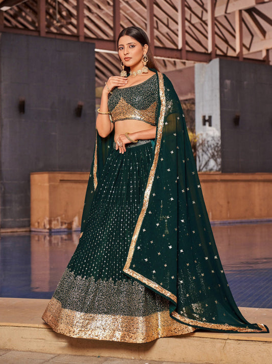 Georgette Traditional Reception Semi-Stitched Lehenga Choli In Green color-40992