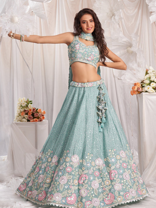 Chiffon Traditional wedding sangeet Semi-Stitched Lehenga Choli In Blue color-40979