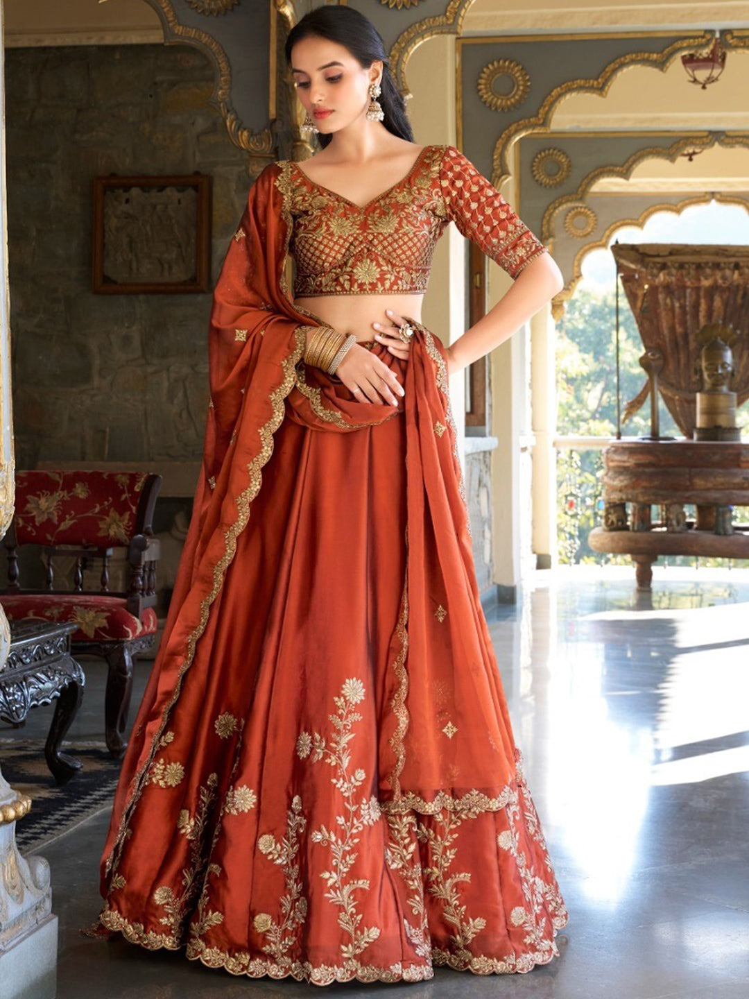 Rangoli Silk Semi-Stitched Traditions Lehenga Choli In Orange color-40976