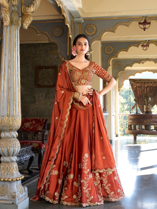 Rangoli Silk Semi-Stitched Traditions Lehenga Choli In Orange color-40976