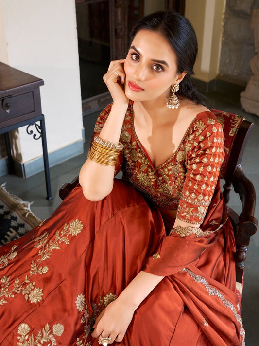 Rangoli Silk Semi-Stitched Traditions Lehenga Choli In Orange color-40976