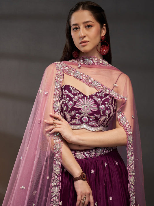 Polyester Chiffon Semi-Stitched Reception Lehenga Choli In Purple color-40973