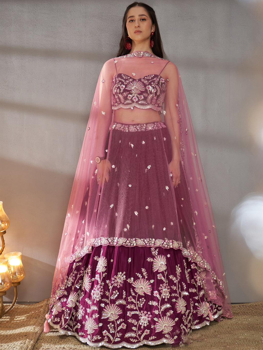 Polyester Chiffon Semi-Stitched Reception Lehenga Choli In Purple color-40973