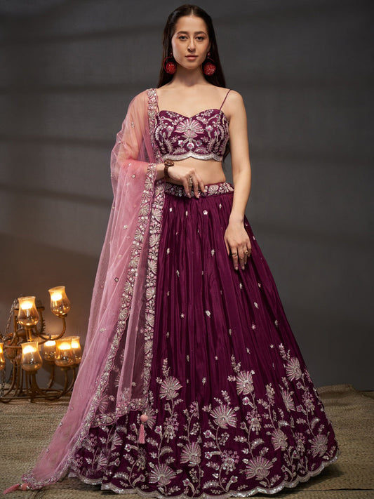 Polyester Chiffon Semi-Stitched Reception Lehenga Choli In Purple color-40973