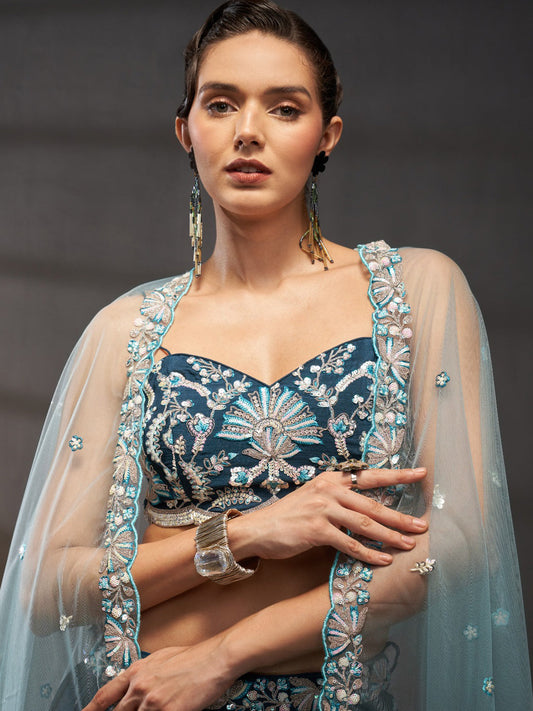 Polyester Chiffon Semi-Stitched Reception Lehenga Choli In Blue color-40974