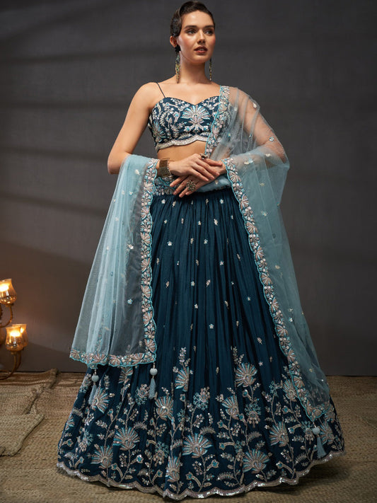 Polyester Chiffon Semi-Stitched Reception Lehenga Choli In Blue color-40974