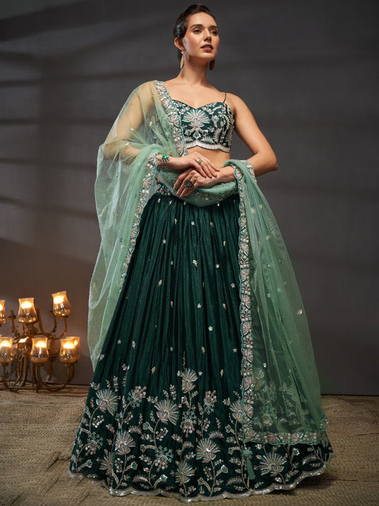 Polyester Chiffon Semi-Stitched Reception Lehenga Choli In Green color-40975