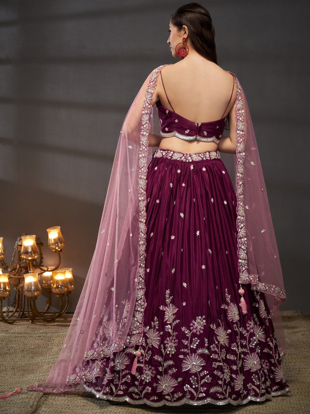 Polyester Chiffon Semi-Stitched Reception Lehenga Choli In Purple color-40973