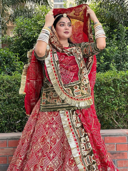 7 Miter full Gher Vintage Georgette Premium quality Bridal Rajputi Poshak In Red color-91479