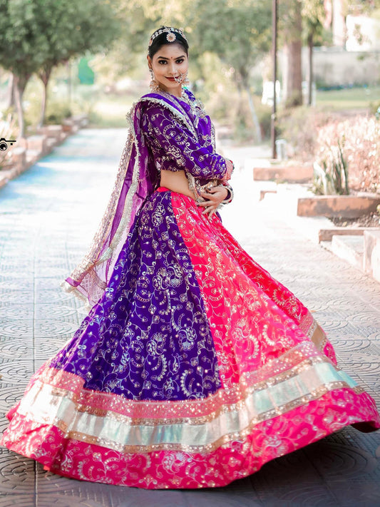 7 Miter full Gher Vintage Silk Crape Premium quality Rajputi Poshak In Pink Purple color-91478