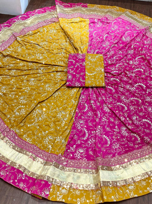 7 Miter full Gher Vintage Silk Crape Premium quality Rajputi Poshak In Pink color-91476
