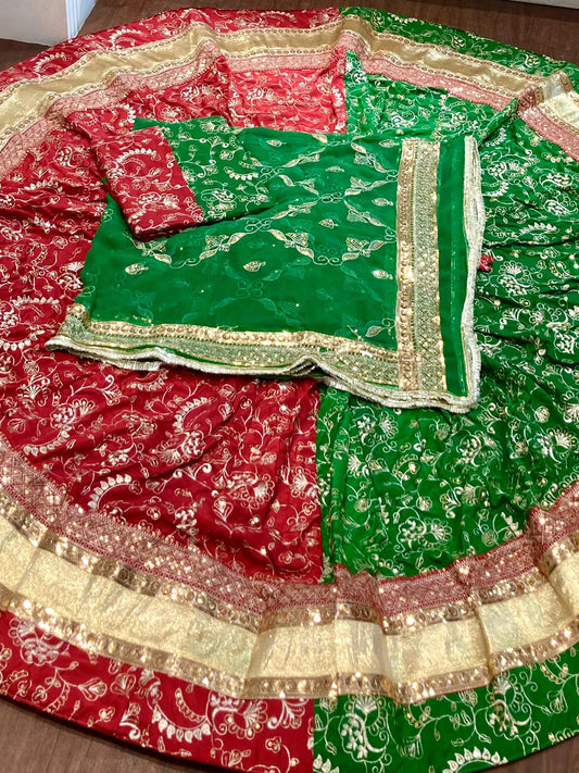 7 Miter full Gher Vintage Silk Crape Premium quality Rajputi Poshak In Red Green color-91477