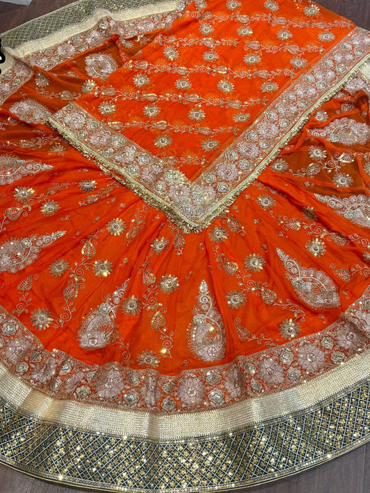 Vintage Georgette 6.5 Miter full Gher Premium quality Rajputi Poshak In Orange color-91501