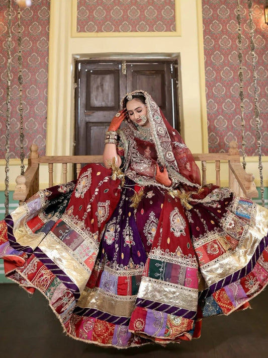 Vintage Crepe silk 6 Miter full Gher Premium quality Wedding Rajputi Poshak In Red color-91517