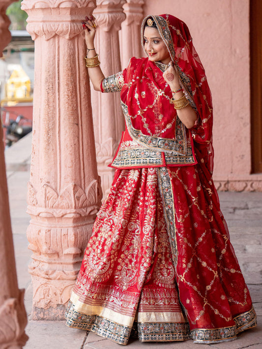 Vintage Crepe silk 7 Miter full Gher Premium quality Wedding Rajputi Poshak In Red color-91516