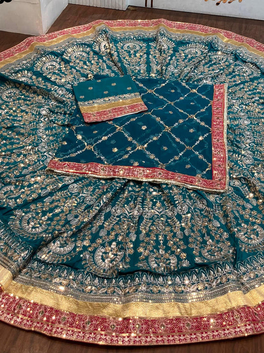Vintage Crepe silk 7 Miter full Gher Premium quality Wedding Rajputi Poshak In Blue color-91515