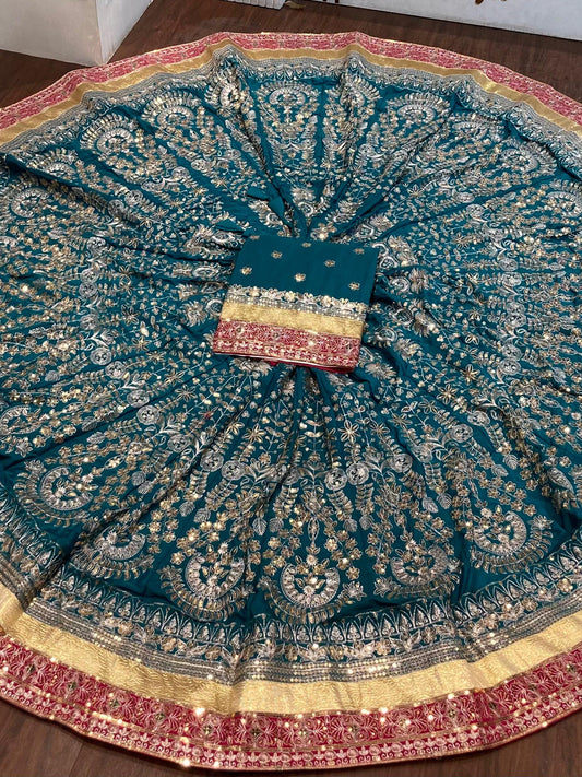 Vintage Crepe silk 7 Miter full Gher Premium quality Wedding Rajputi Poshak In Blue color-91515