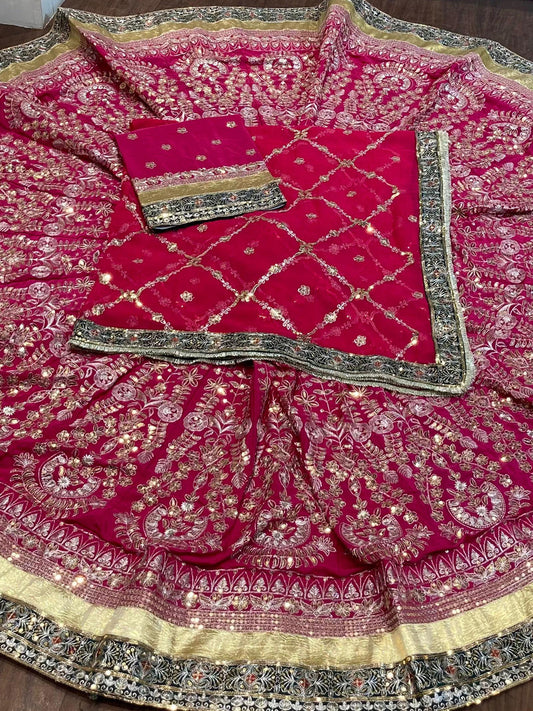 Vintage Crepe silk 7 Miter full Gher Premium quality Wedding Rajputi Poshak In Pink color-91514