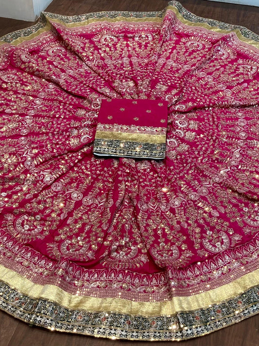 Vintage Crepe silk 7 Miter full Gher Premium quality Wedding Rajputi Poshak In Pink color-91514