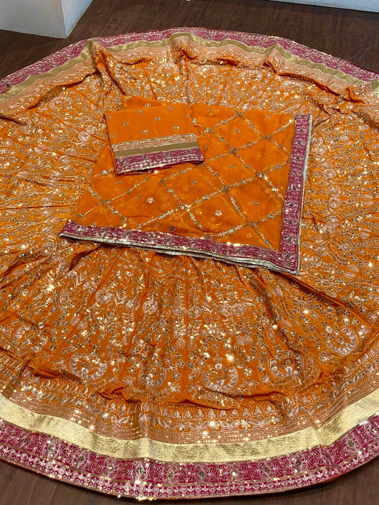 Vintage Crepe silk 7 Miter full Gher Premium quality Wedding Rajputi Poshak In Orange color-91513