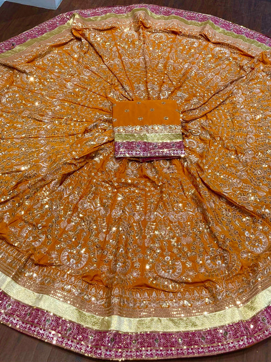 Vintage Crepe silk 7 Miter full Gher Premium quality Wedding Rajputi Poshak In Orange color-91513
