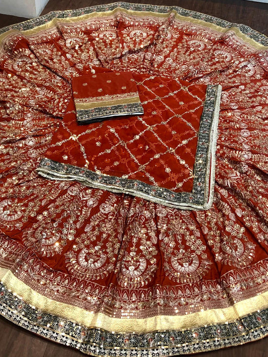 Vintage Crepe silk 7 Miter full Gher Premium quality Wedding Rajputi Poshak In Red color-91511