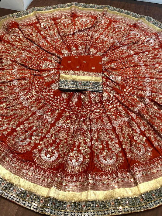 Vintage Crepe silk 7 Miter full Gher Premium quality Wedding Rajputi Poshak In Red color-91511