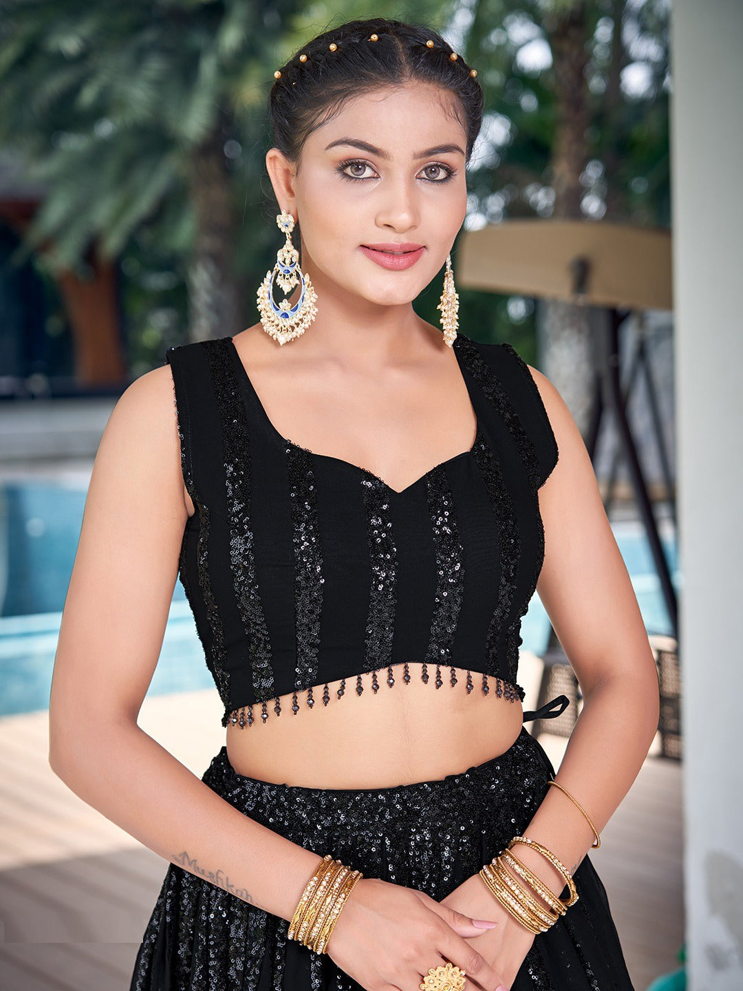 Georgette Traditional Partwear Reception Lehenga In Black color-41089