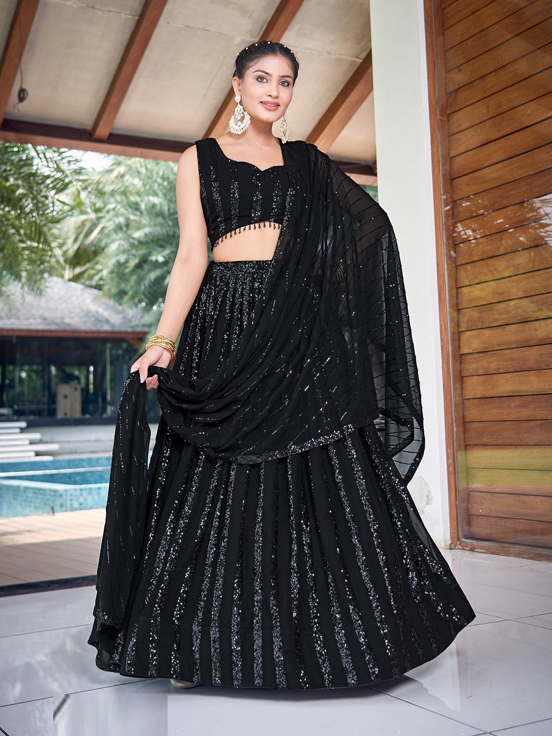 Georgette Traditional Partwear Reception Lehenga In Black color-41089