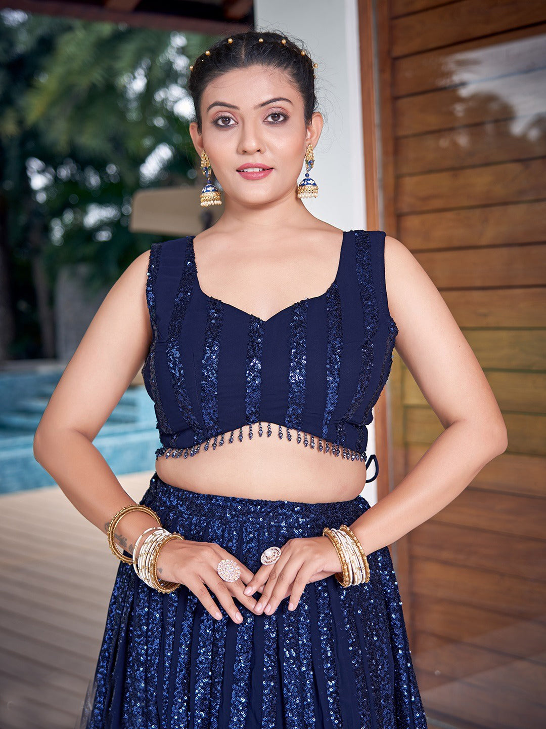 Georgette Traditional Partwear Reception Lehenga In Blue color-41091