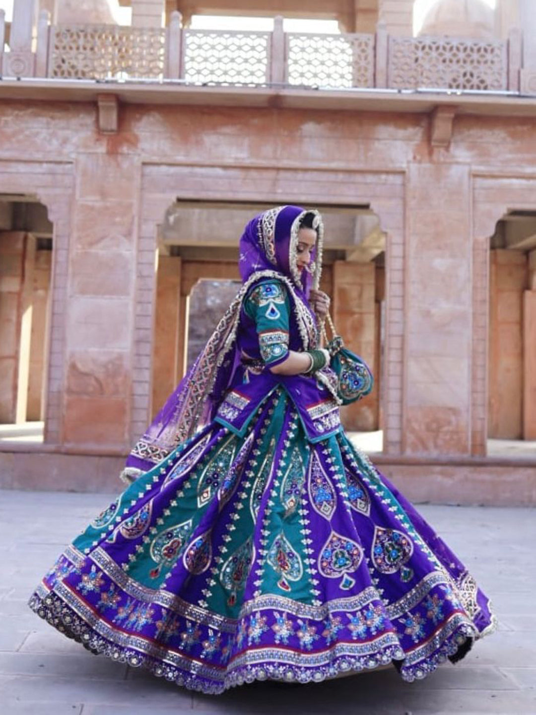 7 Miter full Gher Silk Crepe Premium quality Bridal Rajputi Poshak In Purple color-91575