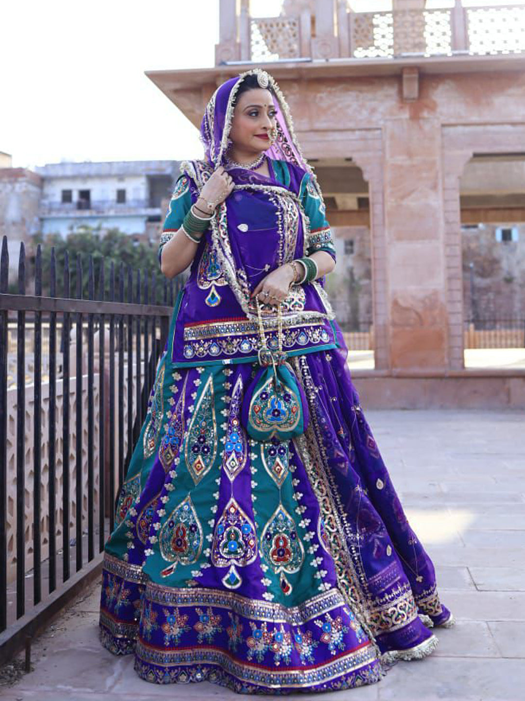 7 Miter full Gher Silk Crepe Premium quality Bridal Rajputi Poshak In Purple color-91575