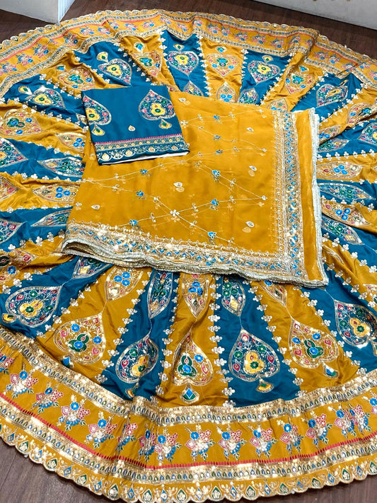 7 Miter full Gher Silk Crepe Premium quality Bridal Rajputi Poshak In Yellow color-91574