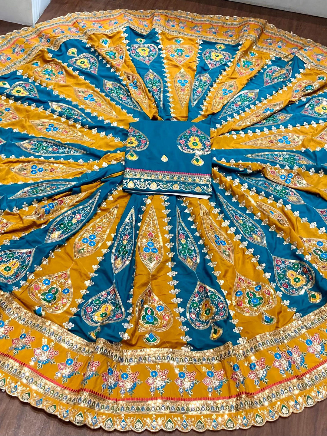 7 Miter full Gher Silk Crepe Premium quality Bridal Rajputi Poshak In Yellow color-91574