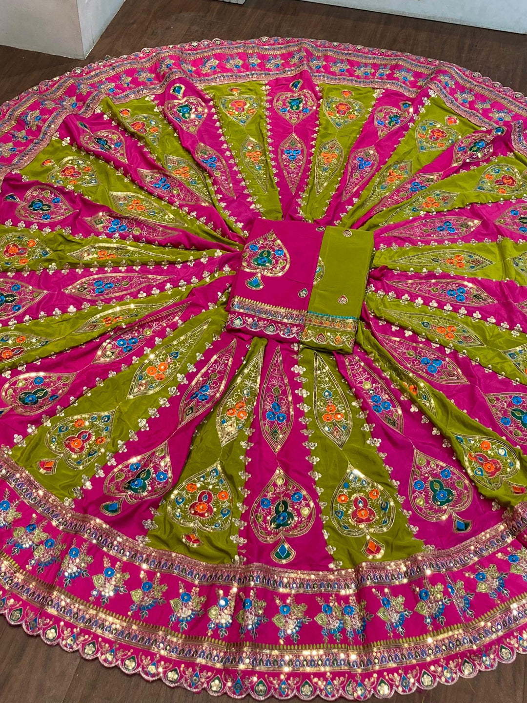 7 Miter full Gher Silk Crepe Premium quality Bridal Rajputi Poshak In Pink color-91572