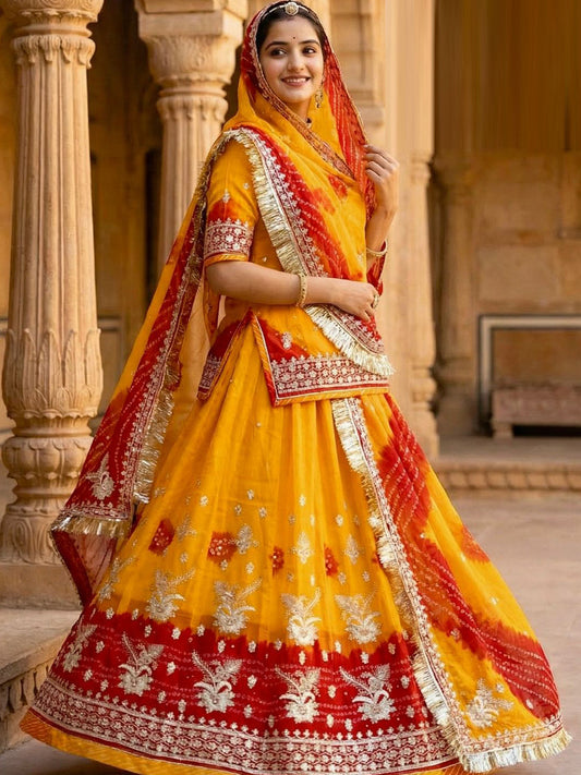 Bandej Peeliya Premium quality Rajputi Poshak with stone Work-91672