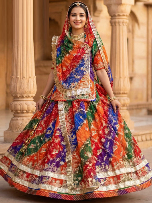 Bandhani Royal Multicolor Rajputi Poshak with Zari sequence Work-91673